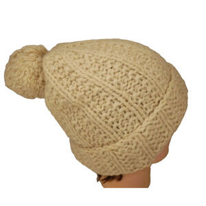 Abercrombie Thick Chunky Knit Cream Wool Hat with Pom - One Size
